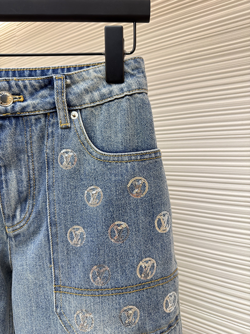 ルイヴィトンコピー レディースポケット付きレター柄スパンコールジャカードハイウエストフレアジーンズ