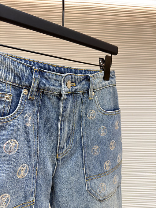 ルイヴィトンコピー レディースポケット付きレター柄スパンコールジャカードハイウエストフレアジーンズ