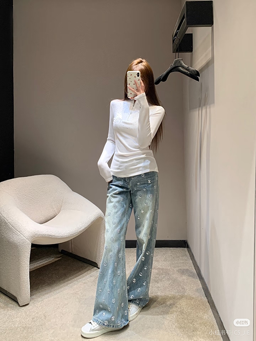 ルイヴィトン 文字レディーススパンコールジャカードハイウエストフレアジーンズ