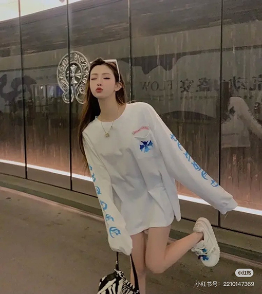 クロムハーツ 限定の青と白のカラーブロッククロス柄長袖シャツ