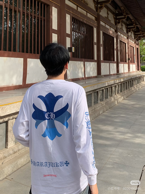 クロムハーツ 限定の青と白のカラーブロッククロス柄長袖シャツ