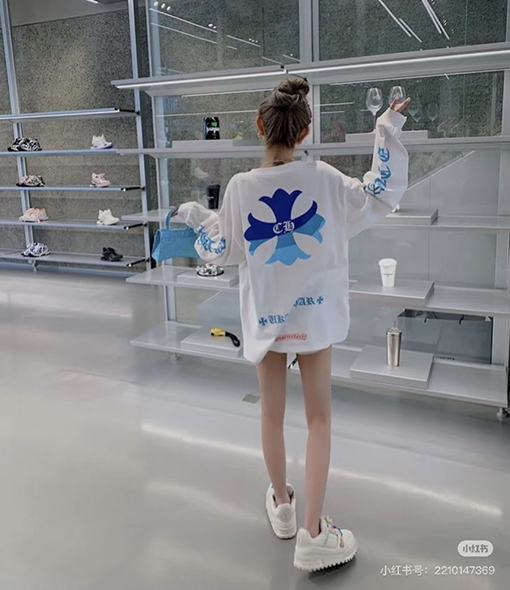 クロムハーツ 限定の青と白のカラーブロッククロス柄長袖シャツ