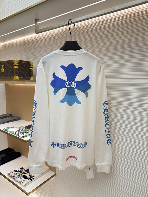 クロムハーツ 限定の青と白のカラーブロッククロス柄長袖シャツ