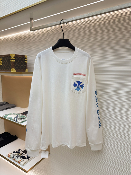 クロムハーツ 限定の青と白のカラーブロッククロス柄長袖シャツ