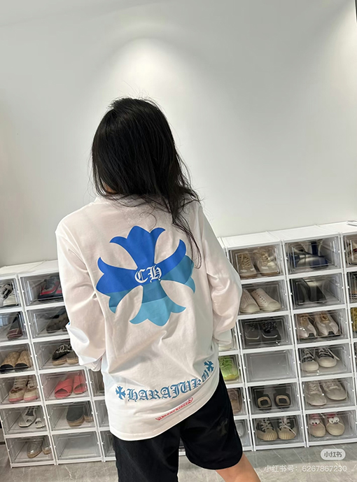 クロムハーツ 限定の青と白のカラーブロッククロス柄長袖シャツ