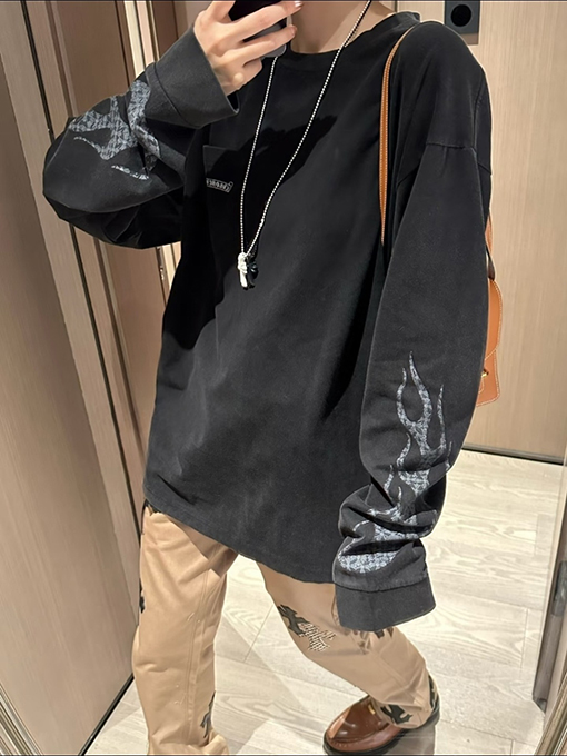 クロムハーツ 炎のサンスクリットプリント長袖シャツ