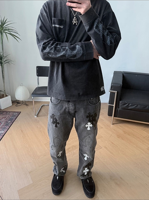 クロムハーツ 炎のサンスクリットプリント長袖シャツ