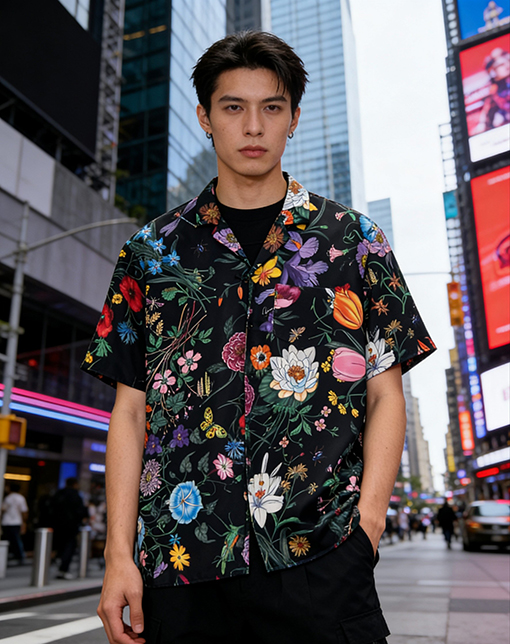 グッチ 花柄と昆虫柄の半袖シャツ