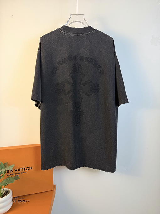 クロムハーツスーパーコピー アシッドウォッシュダメージレーザーアップリケ刺繍をした半袖Tシャツ