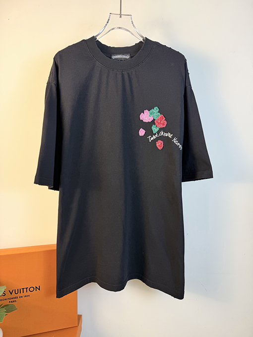 クロムハーツコピー 新モデルアシッドウォッシュダメージレーザーアップリケ刺繍をした半袖Tシャツ