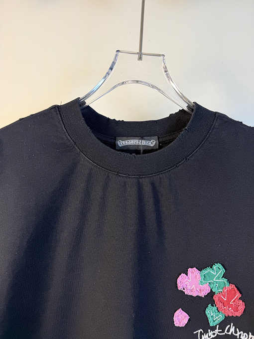 クロムハーツコピー 新モデルアシッドウォッシュダメージレーザーアップリケ刺繍をした半袖Tシャツ