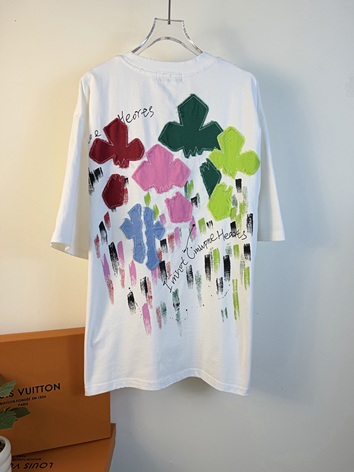 クロムハーツコピー 新モデルアシッドウォッシュダメージレーザーアップリケ刺繍をした半袖Tシャツ