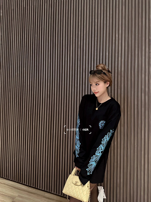 クロムハーツブランドスーパーコピー 青い馬蹄柄のクルーネック長袖シャツ