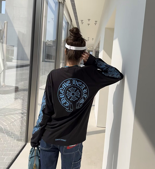 クロムハーツブランドスーパーコピー 青い馬蹄柄のクルーネック長袖シャツ