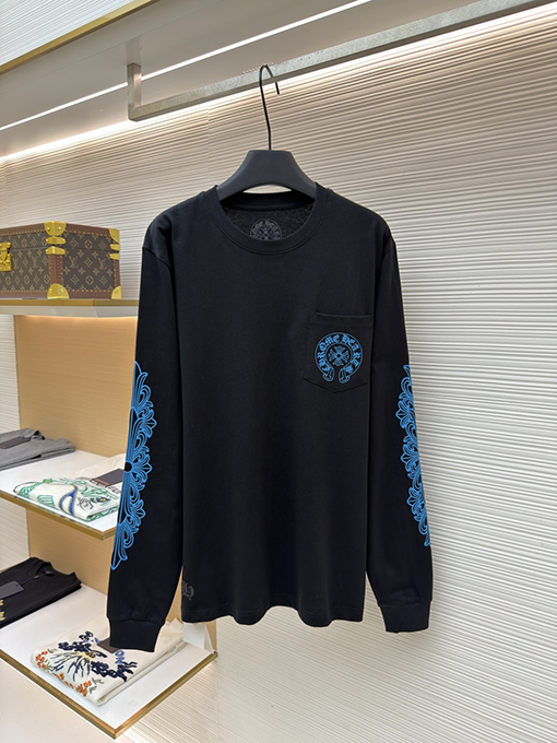 クロムハーツブランドスーパーコピー 青い馬蹄柄のクルーネック長袖シャツ