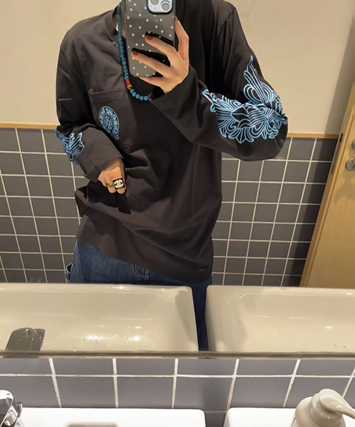 クロムハーツブランドスーパーコピー 青い馬蹄柄のクルーネック長袖シャツ