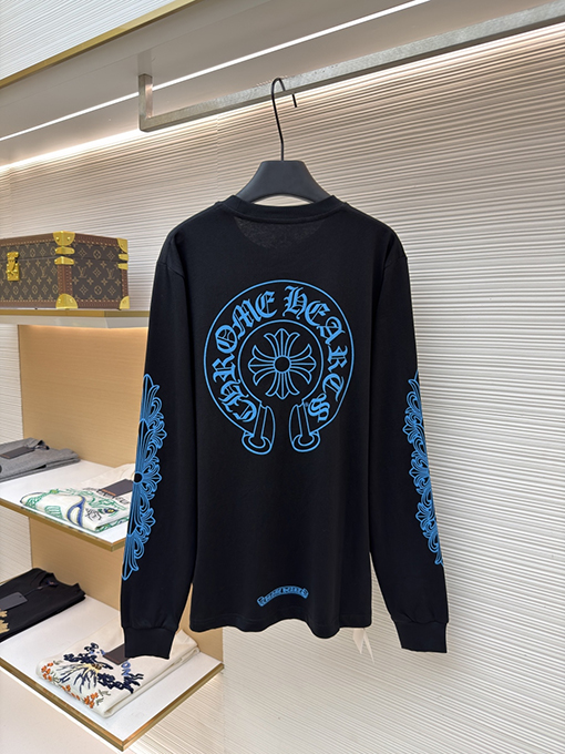 クロムハーツブランドスーパーコピー 青い馬蹄柄のクルーネック長袖シャツ