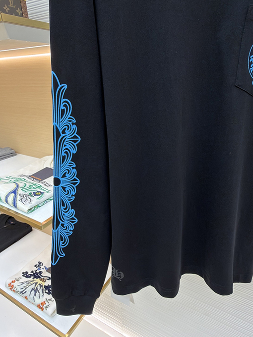 クロムハーツブランドスーパーコピー 青い馬蹄柄のクルーネック長袖シャツ