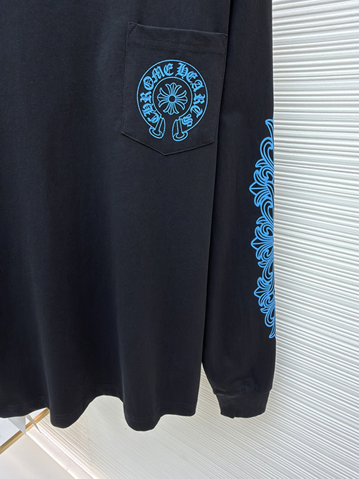 クロムハーツブランドスーパーコピー 青い馬蹄柄のクルーネック長袖シャツ