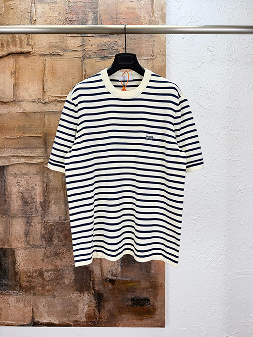 プラダスーパーコピー PRADA ストライプ柄ニット半袖Tシャツ