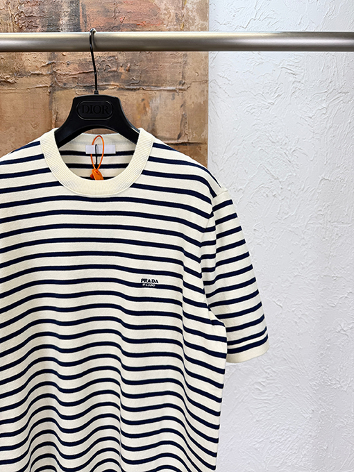 プラダスーパーコピー PRADA ストライプ柄ニット半袖Tシャツ