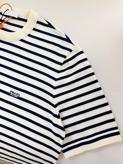 プラダスーパーコピー PRADA ストライプ柄ニット半袖Tシャツ