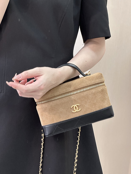 シャネル レディーススエードとレザーのパッチワークボックスバッグ