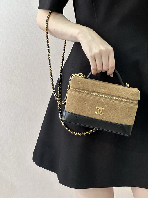 シャネル レディーススエードとレザーのパッチワークボックスバッグ