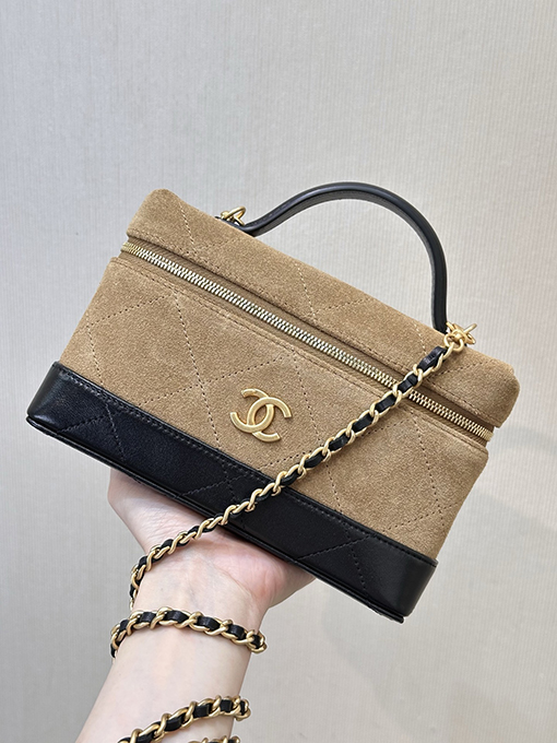 シャネル レディーススエードとレザーのパッチワークボックスバッグ
