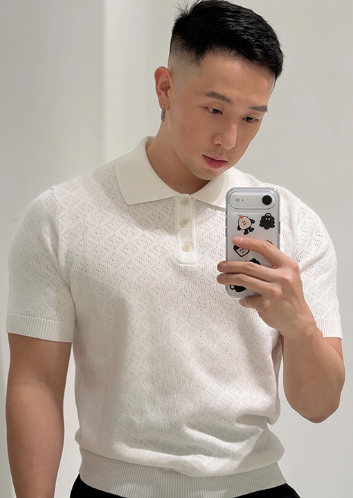 フェンディコピー くり抜きジャカードニットの半袖ポロシャツ