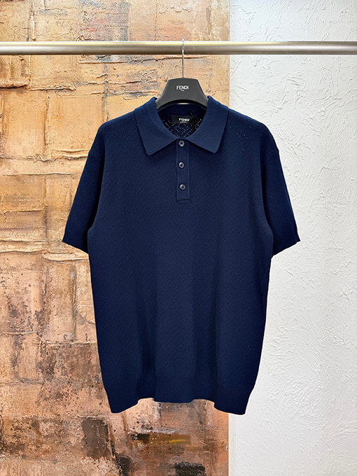 フェンディコピー くり抜きジャカードニットの半袖ポロシャツ