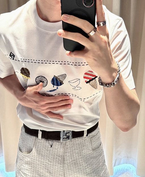 フェンディコピー アイスクリームの刺繍り半袖Tシャツ