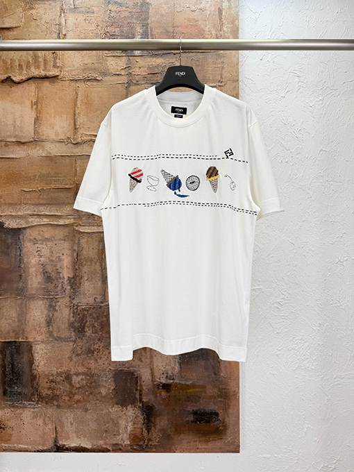 フェンディコピー アイスクリームの刺繍り半袖Tシャツ