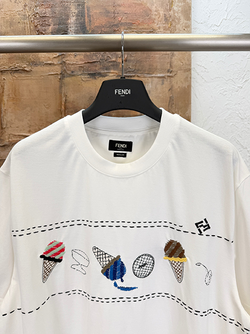 フェンディコピー アイスクリームの刺繍り半袖Tシャツ