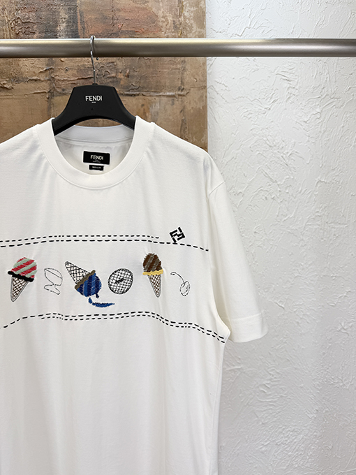 フェンディコピー アイスクリームの刺繍り半袖Tシャツ