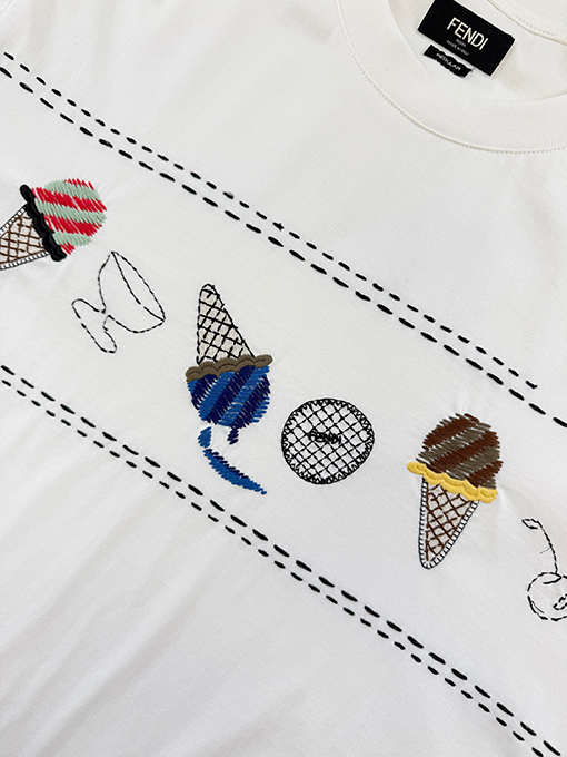 フェンディコピー アイスクリームの刺繍り半袖Tシャツ