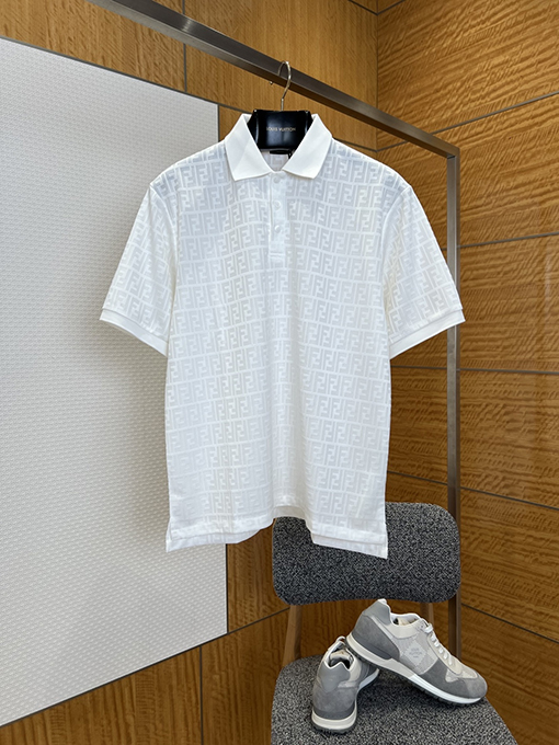 フェンディ ダブルFの総柄プリント入り半袖襟付きポロシャツ