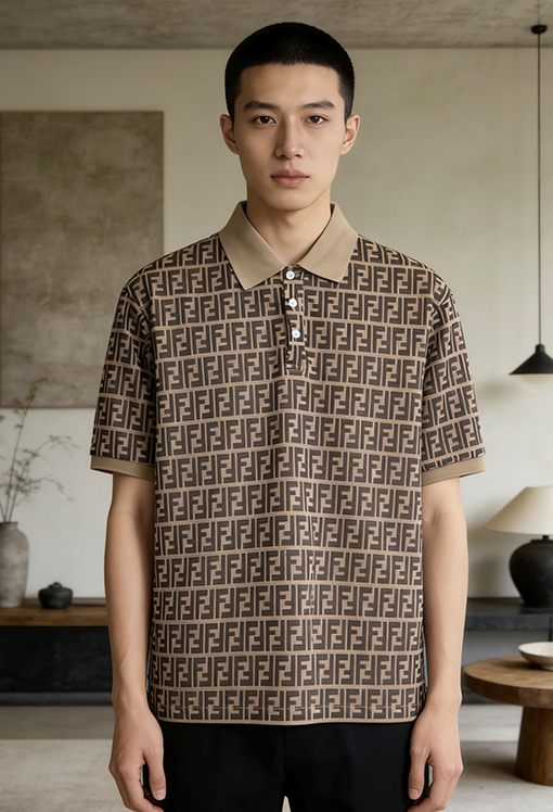 フェンディ ダブルFの総柄プリント入り半袖襟付きポロシャツ
