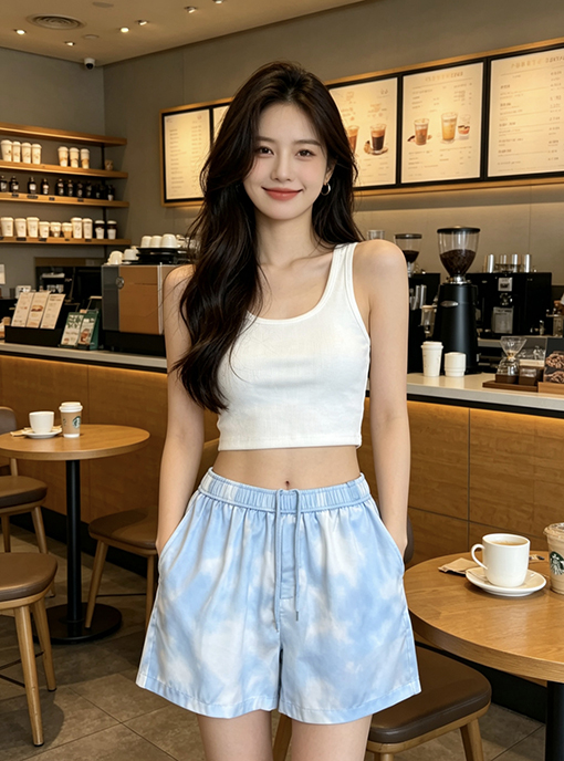 ルイヴィトンブランドコピー 青と白のタイダイ柄ドローストリングカジュアルショーツ