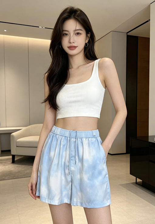 ルイヴィトンブランドコピー 青と白のタイダイ柄ドローストリングカジュアルショーツ