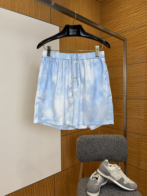 ルイヴィトンブランドコピー 青と白のタイダイ柄ドローストリングカジュアルショーツ