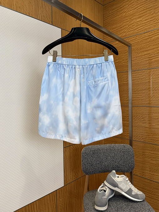 ルイヴィトンブランドコピー 青と白のタイダイ柄ドローストリングカジュアルショーツ