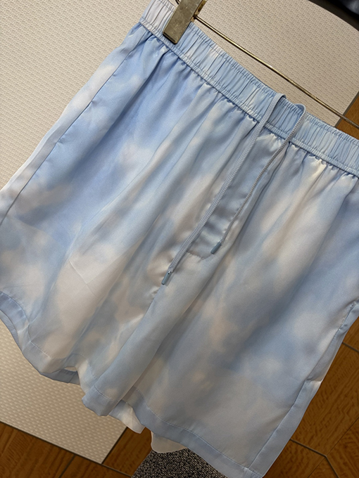 ルイヴィトンブランドコピー 青と白のタイダイ柄ドローストリングカジュアルショーツ