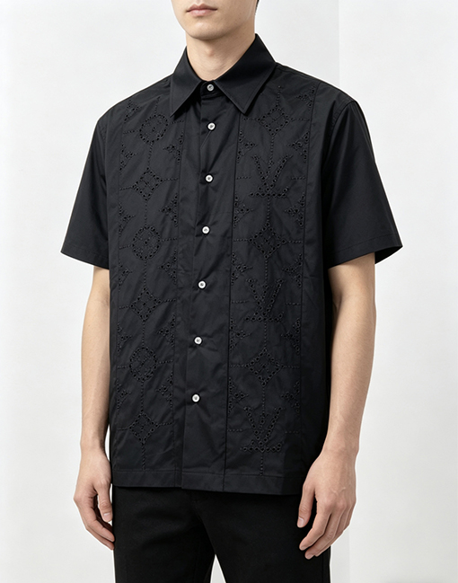 ルイヴィトン 花柄の透かし刺繍入り襟付き半袖シャツ