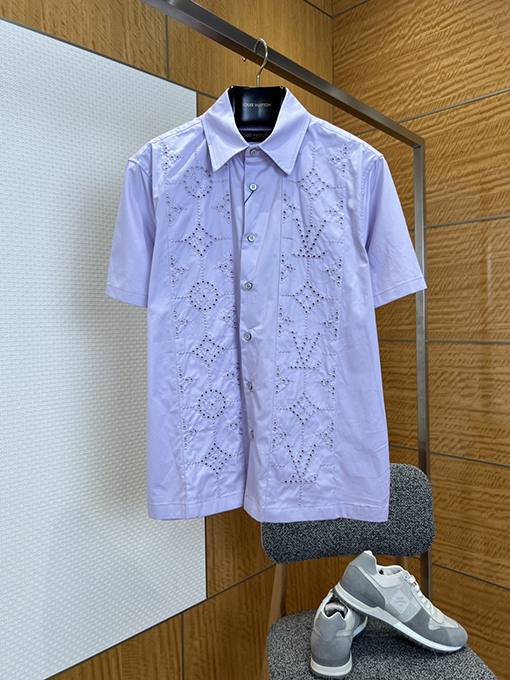 ルイヴィトン 花柄の透かし刺繍入り襟付き半袖シャツ