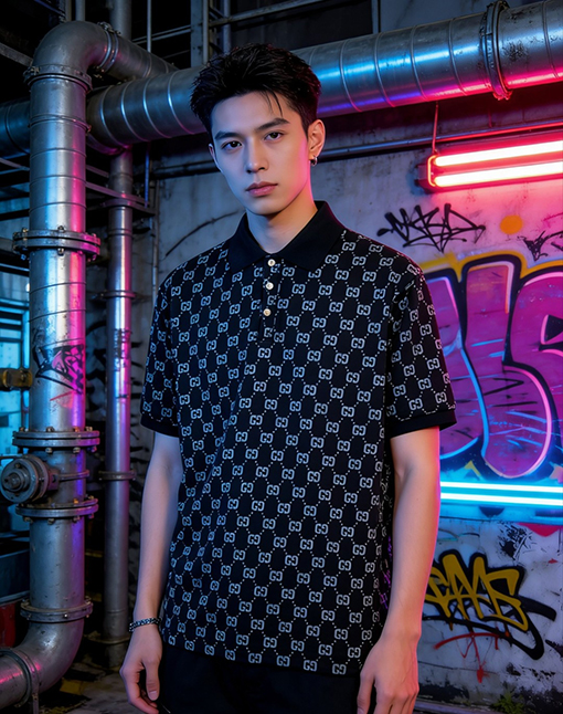 グッチスーパーコピー ダブルGの総柄プリント半袖ポロシャツ