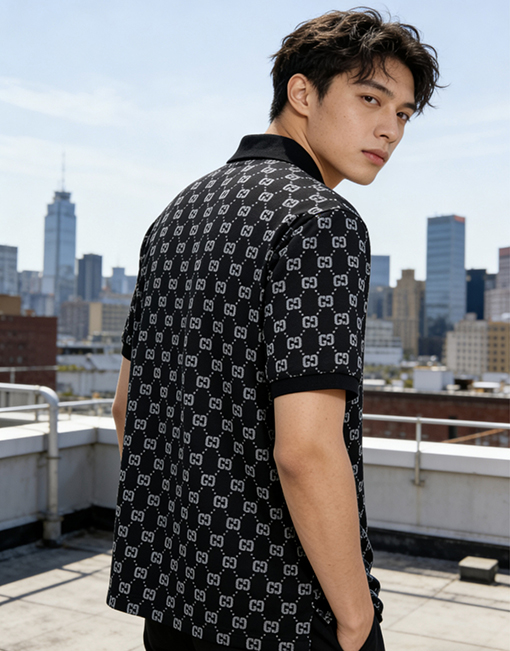 グッチスーパーコピー ダブルGの総柄プリント半袖ポロシャツ