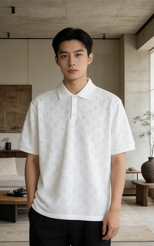 ルイヴィトン クラシックなモノグラムプリントの半袖ポロシャツ