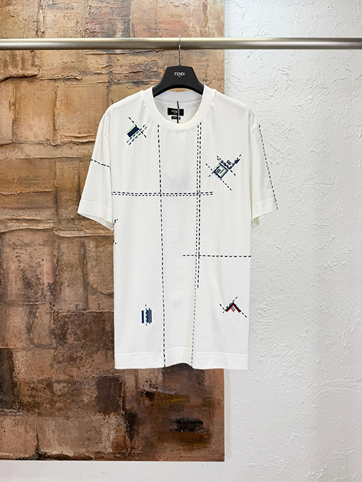 フェンディ カラーブロック刺繍り半袖Tシャツ