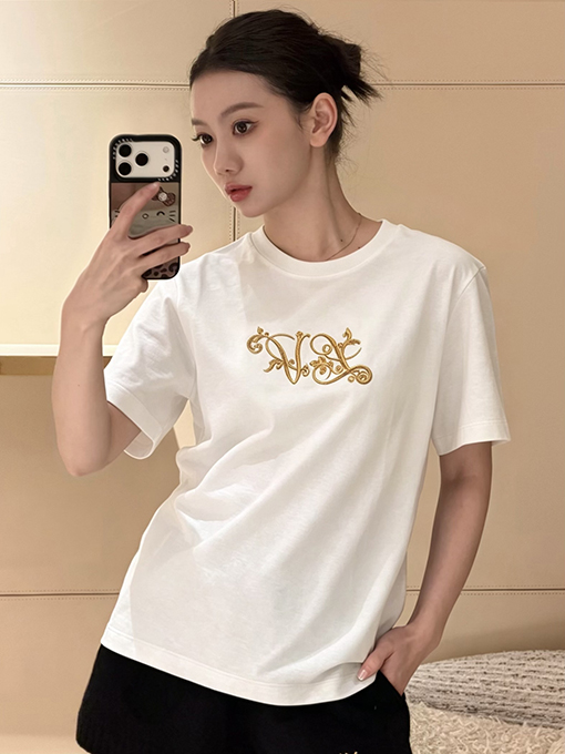 ルイヴィトン 金糸の花柄刺繍り半袖Tシャツ